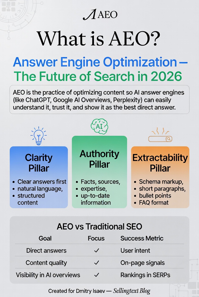 AEO оптимізація 2026: як потрапити в AI Overviews та відповіді Google Gemini — інфографіка Sellingtext