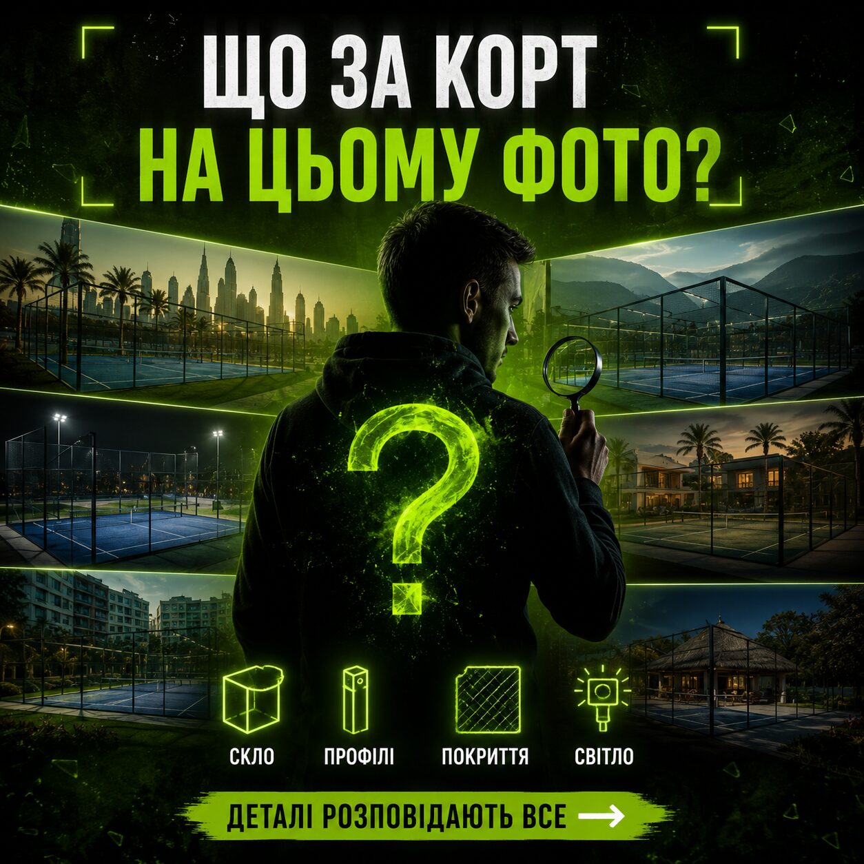 Копірайтер аналізує фотографії падел-кортів для визначення типу конструкції