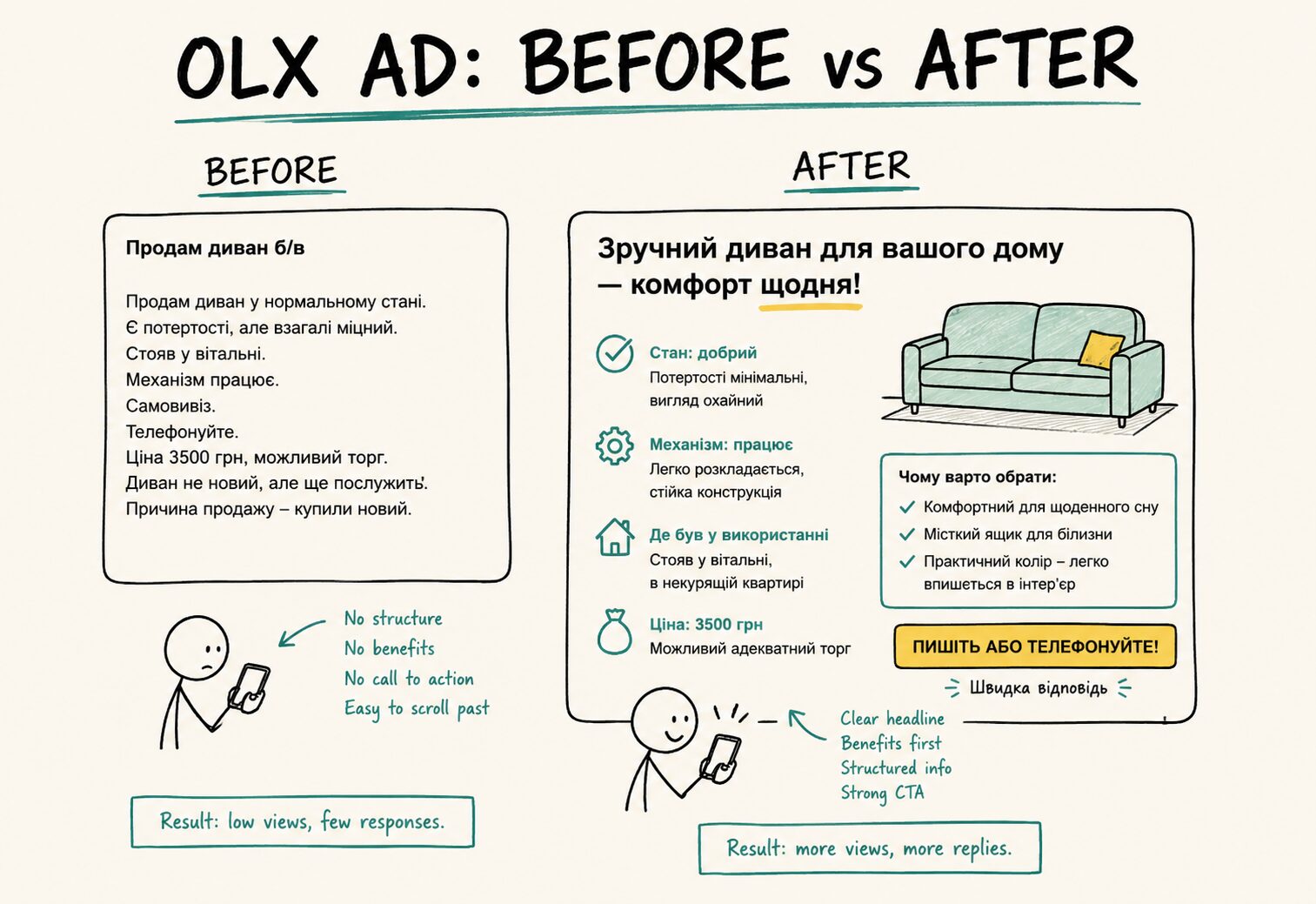 Текст для оголошення на OLX — приклад до і після копірайтингу